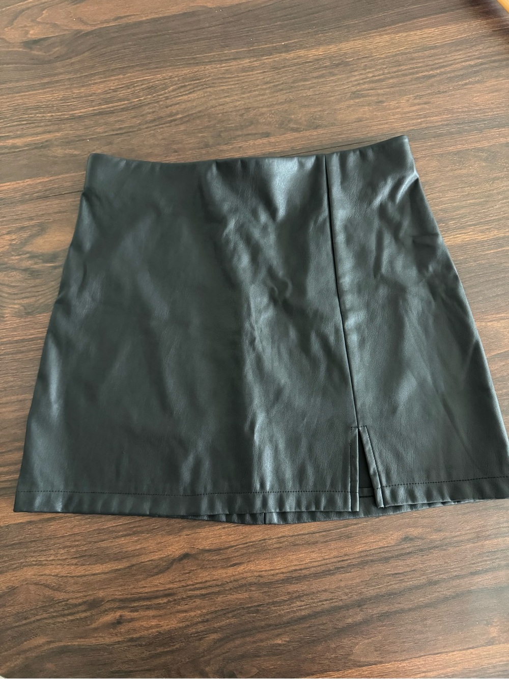 Black Faux Leather Mini Skirt with Front Slit